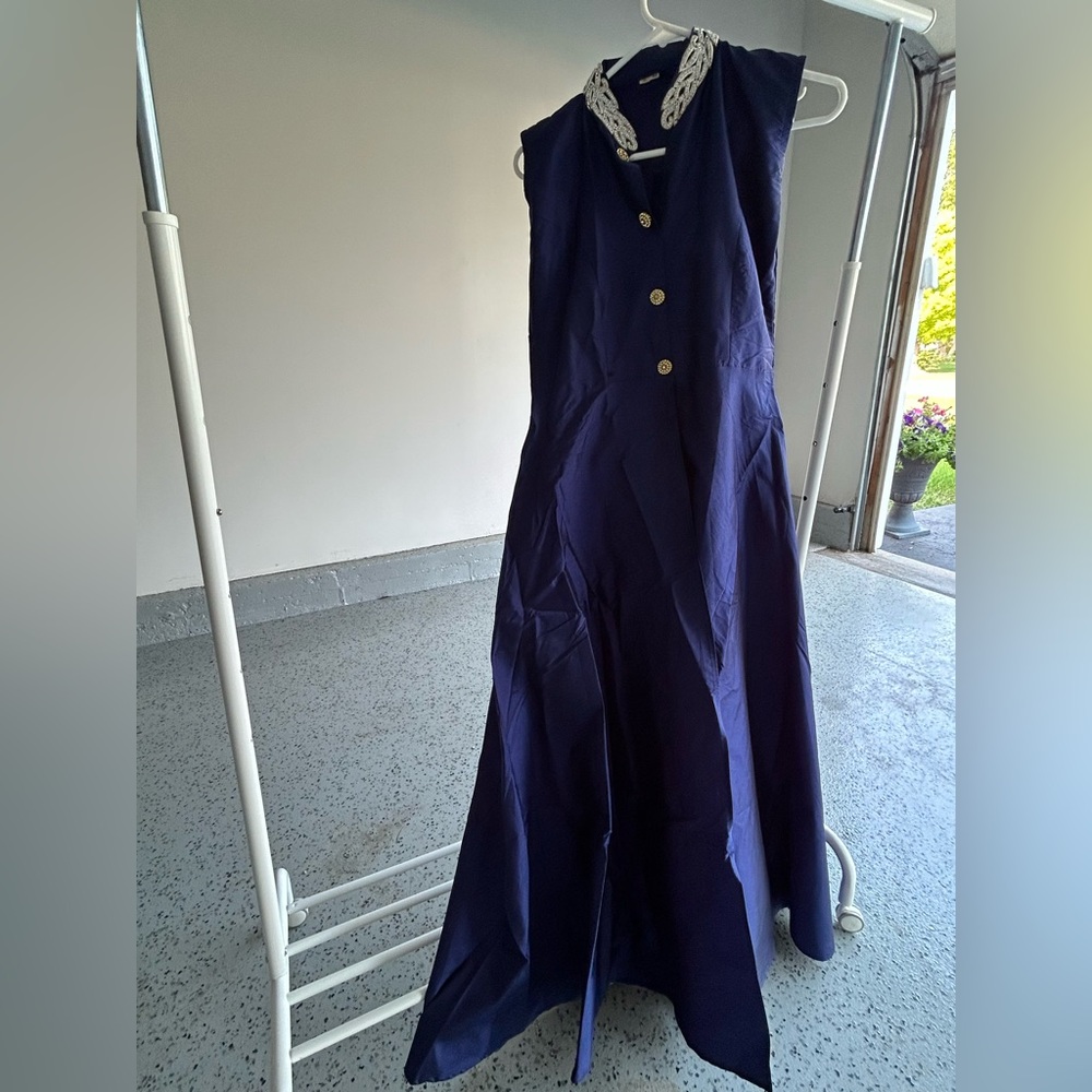 Elegant Indian Navy Blue Maxi Dress with Gold Buttons